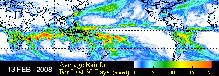 average rainfall for the 30 days previous to 13 February 2008 measured by the Tropical Rainfall Measuring Mission
